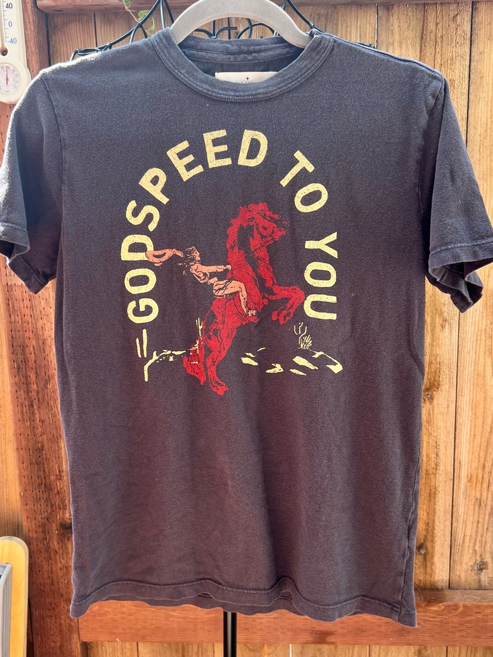 Vintage-Inspired Black Graphic Tee with Red Horse Print